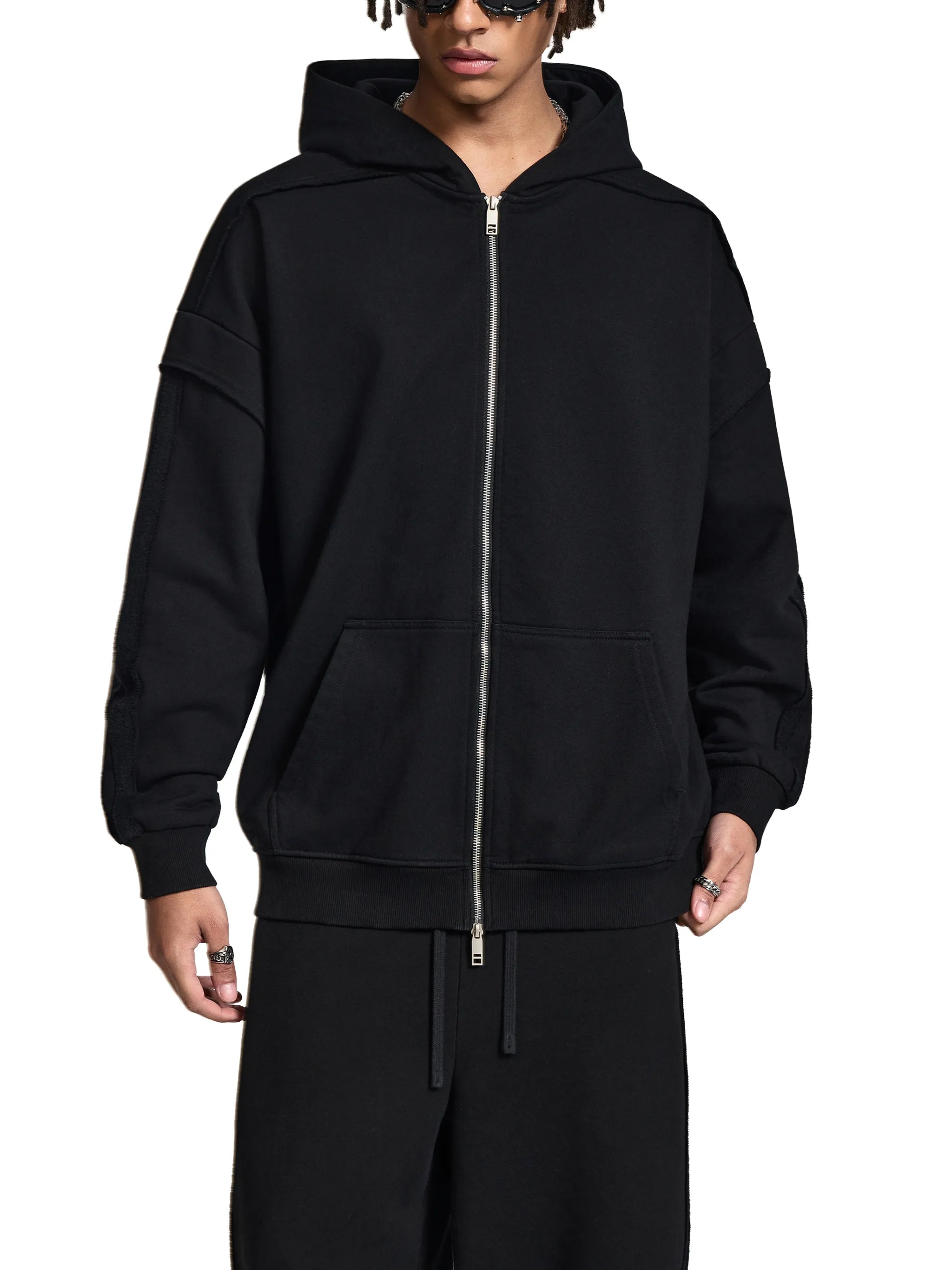 Raw Edge Contrast Tape Zip Hoodie
