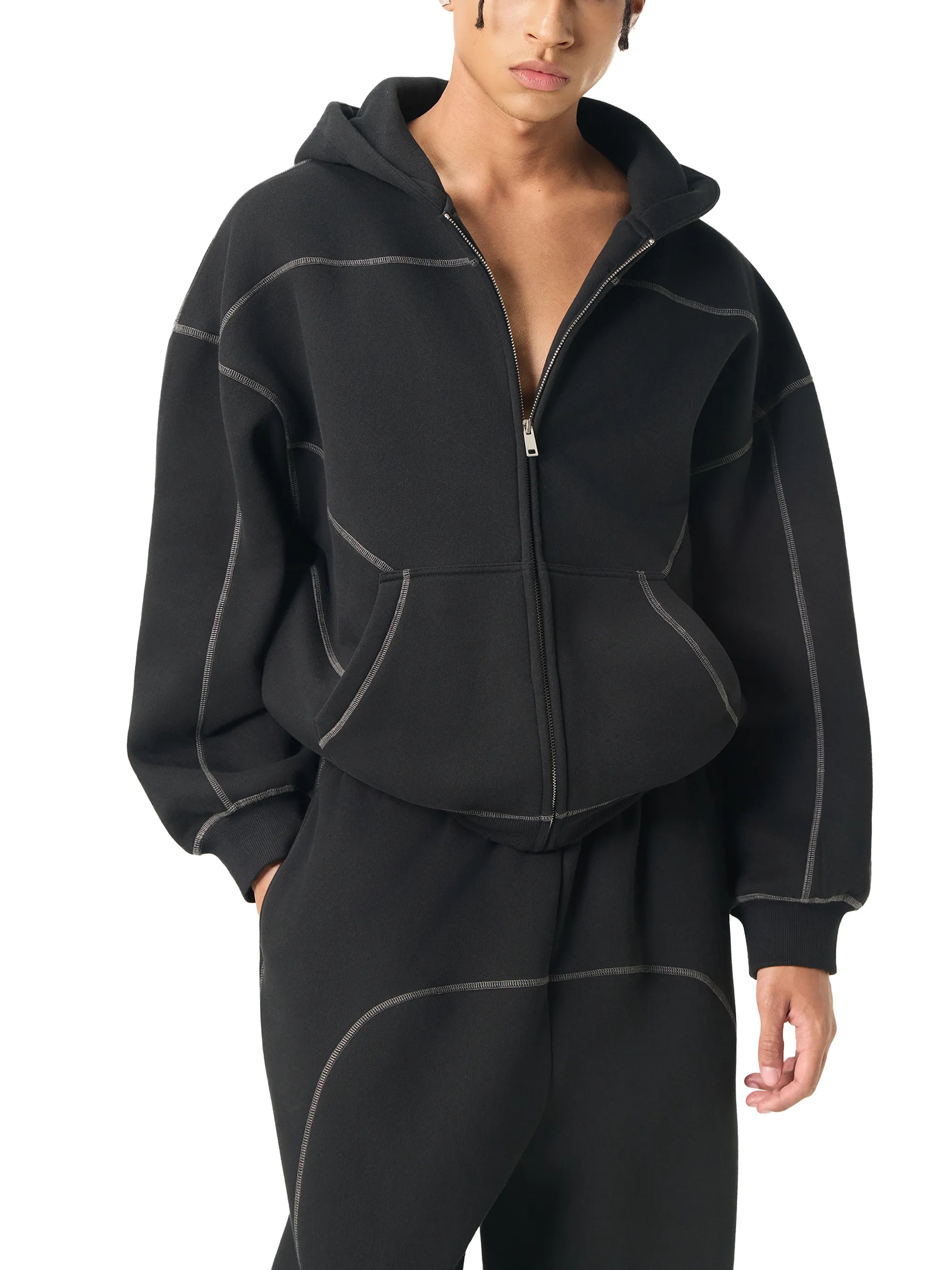 Contrast-Stitched Boxy Fleece Zip Hoodie