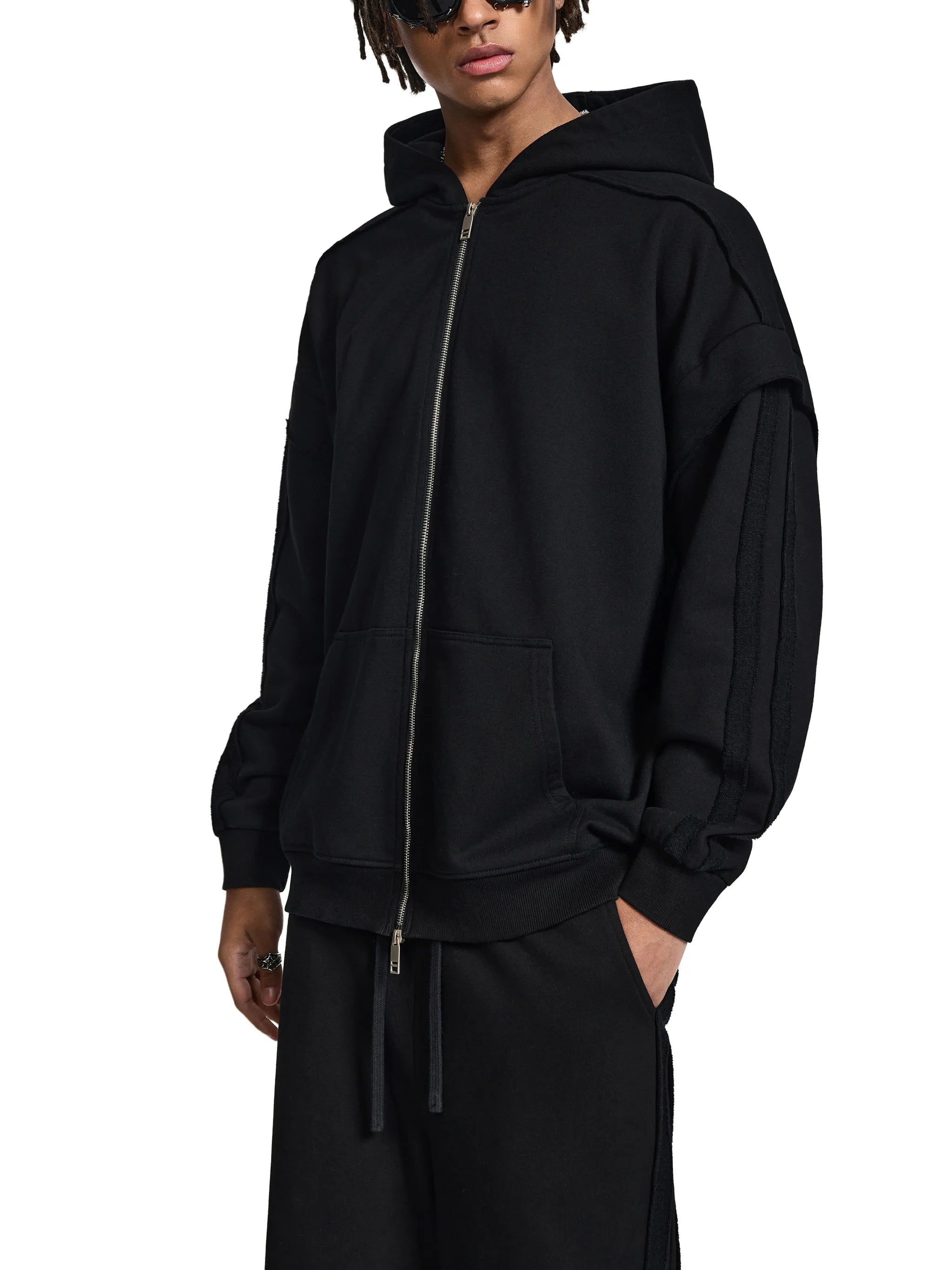 Raw Edge Contrast Tape Zip Hoodie