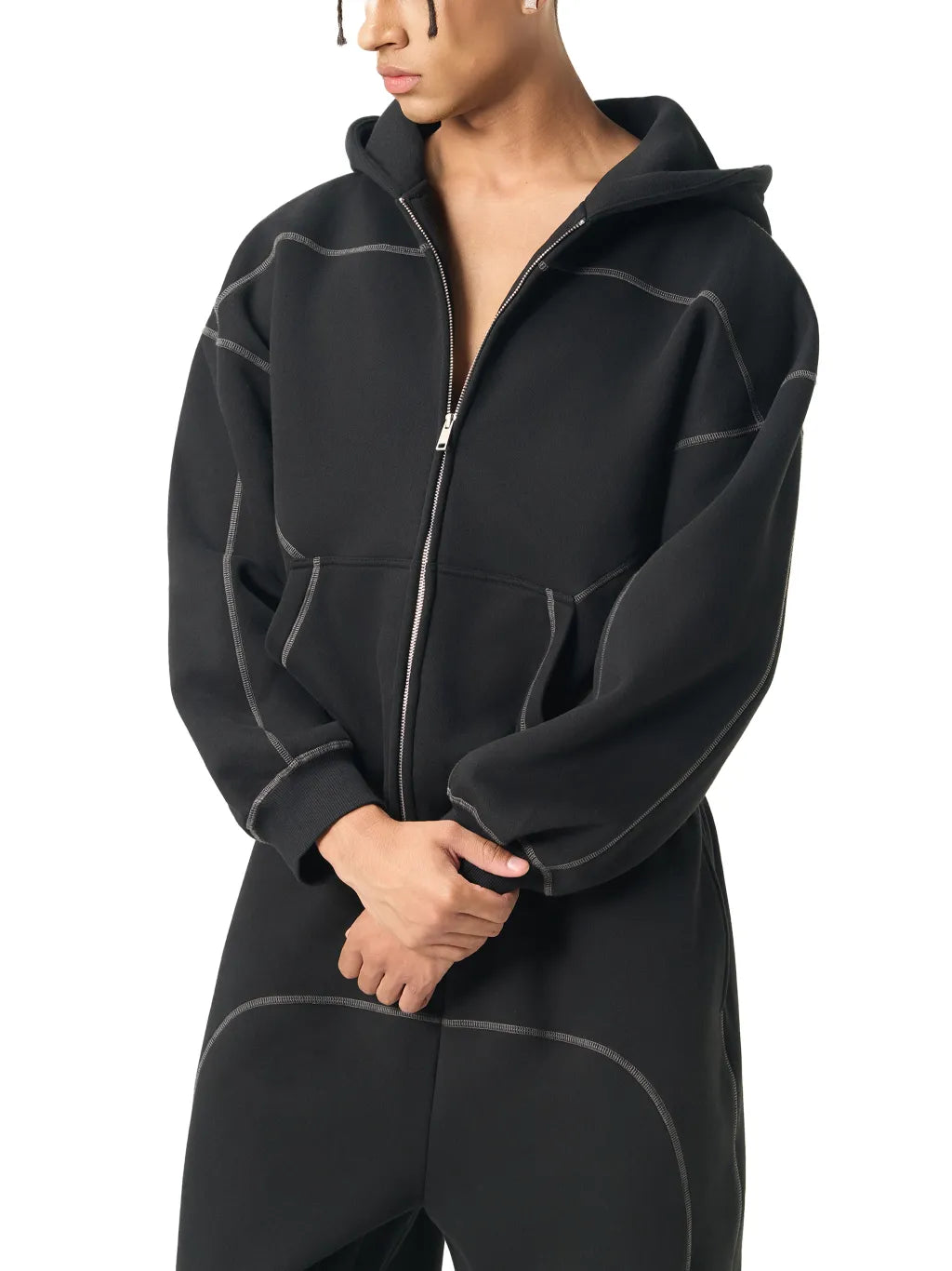 Contrast-Stitched Boxy Fleece Zip Hoodie