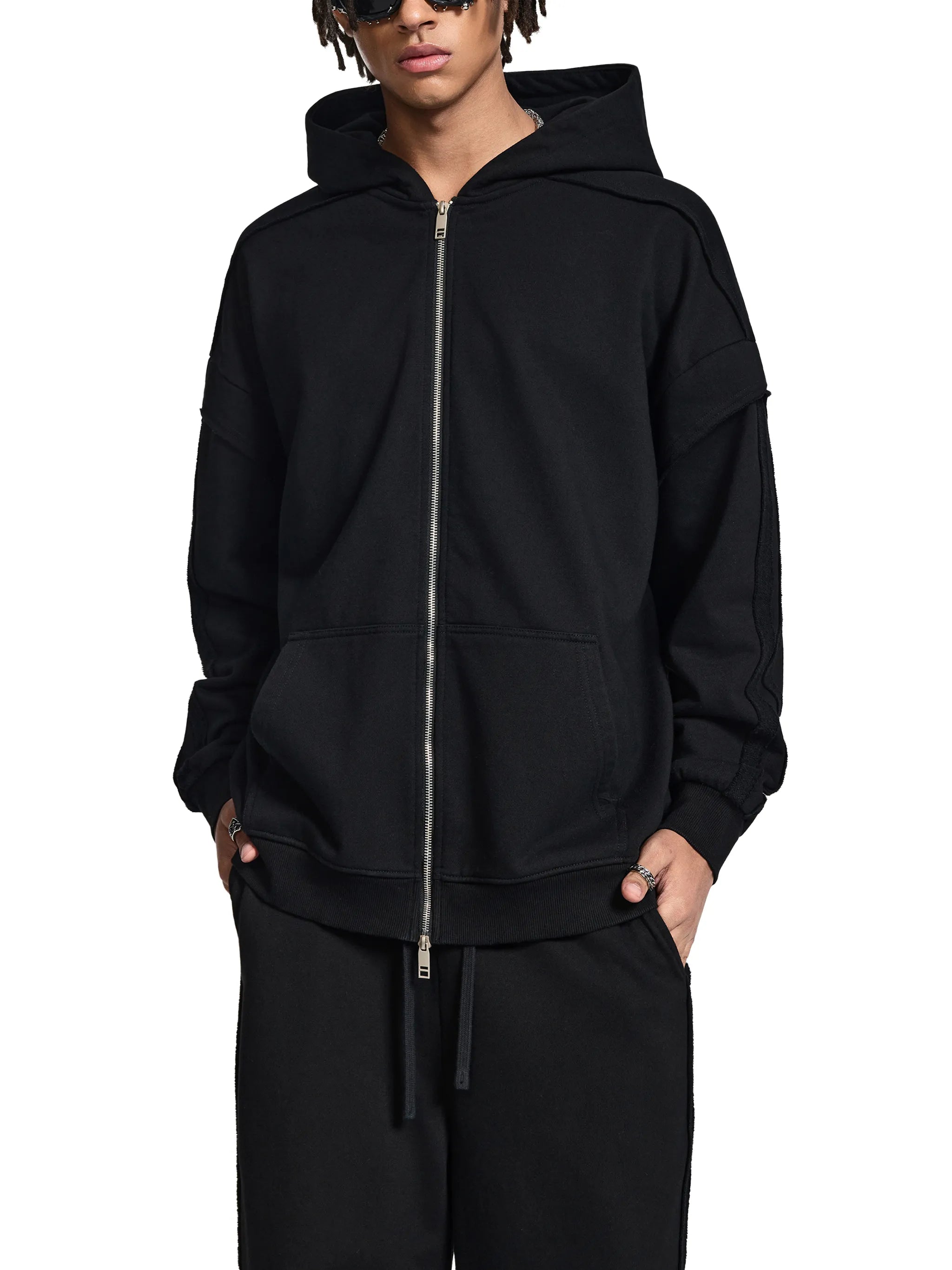 Raw Edge Contrast Tape Zip Hoodie