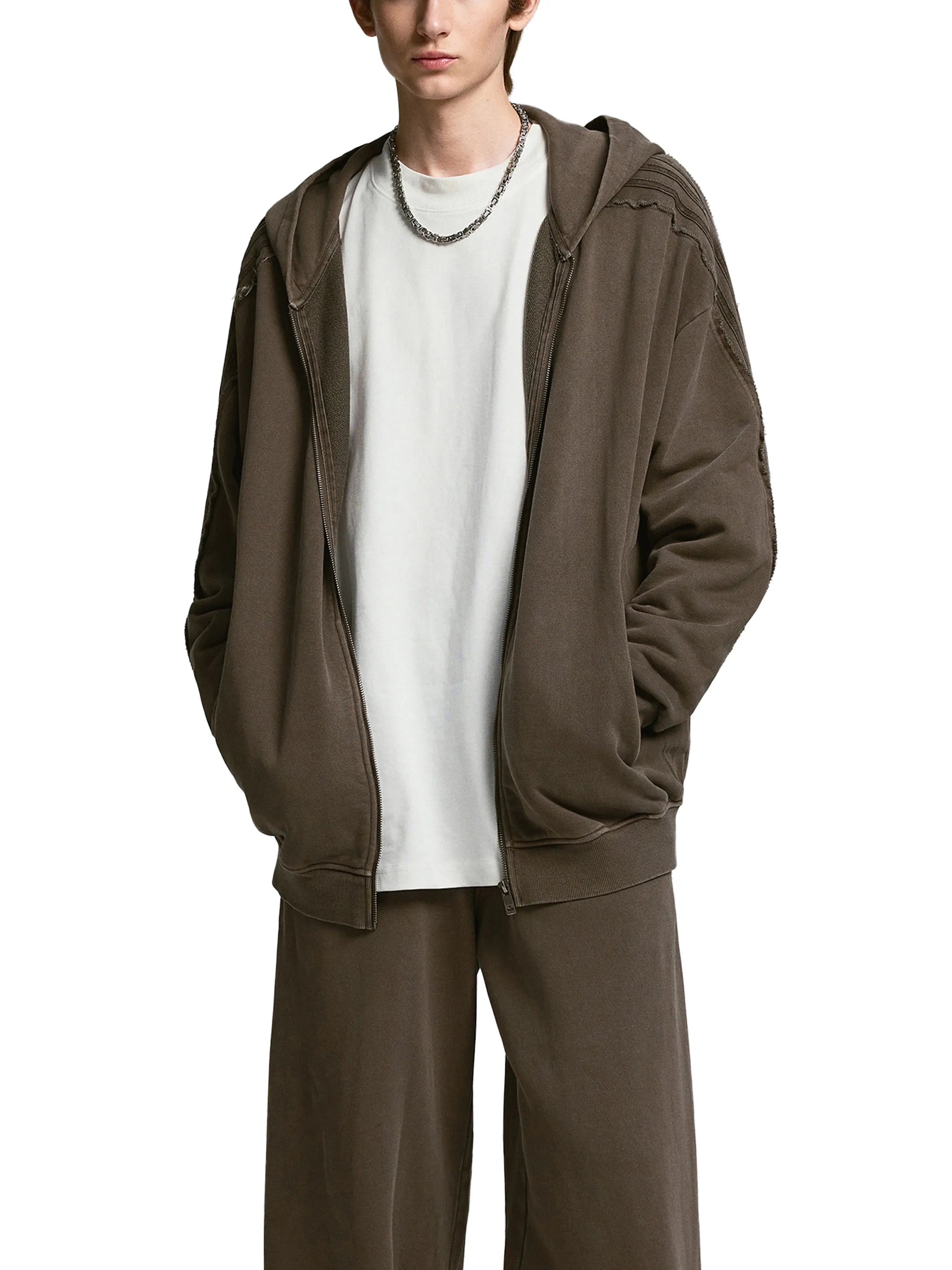 Snow Washed Tape Raw Edge Zip Hoodie