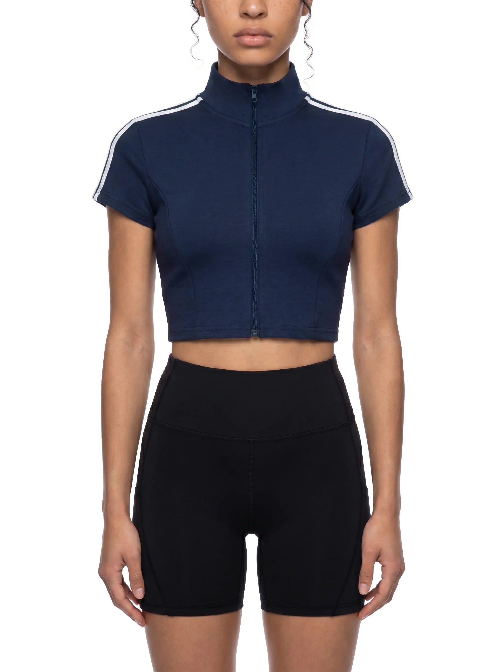 Women's Short Sleeve Zip-Up Crop Top