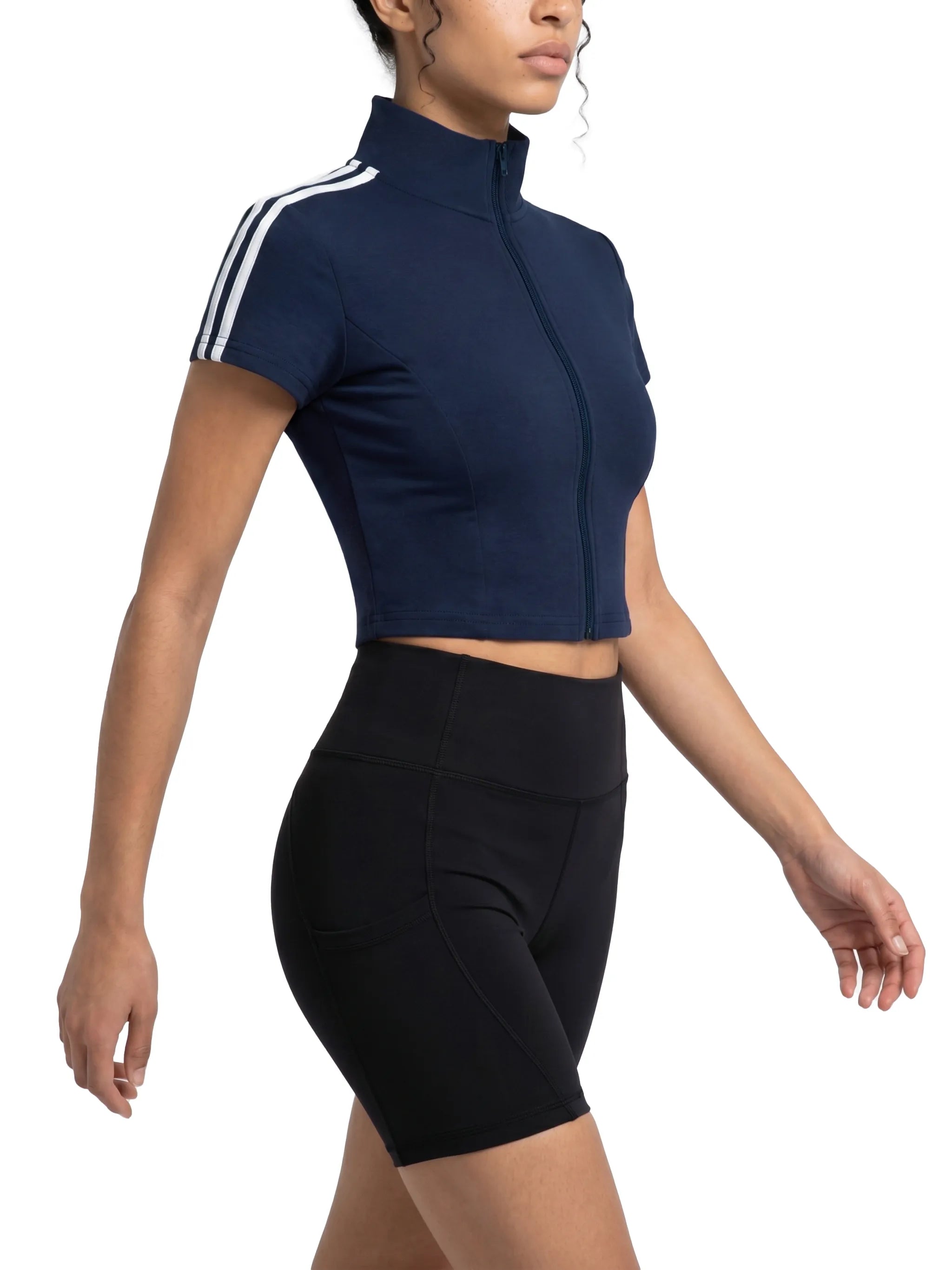 Women's Short Sleeve Zip-Up Crop Top