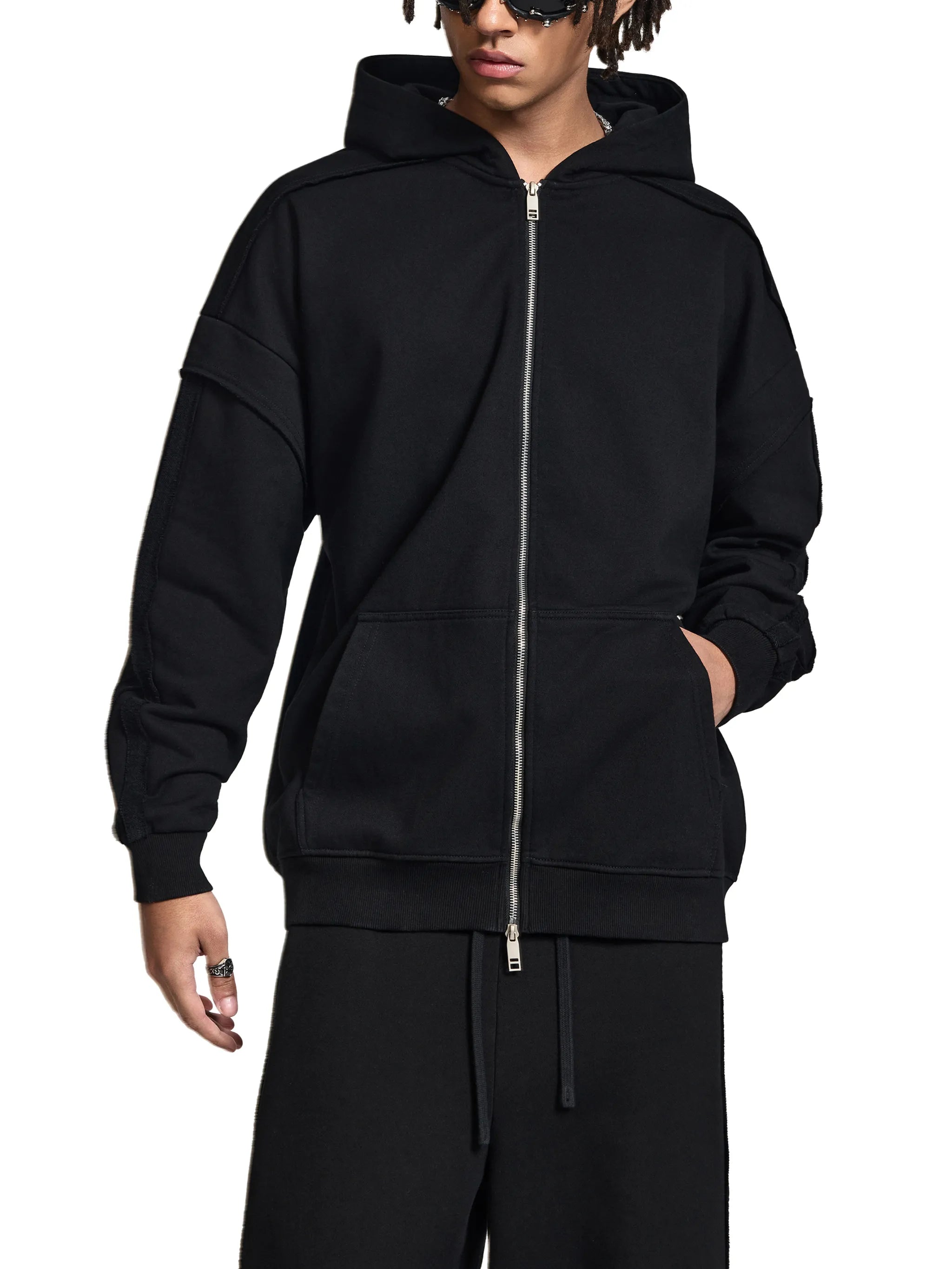 Raw Edge Contrast Tape Zip Hoodie